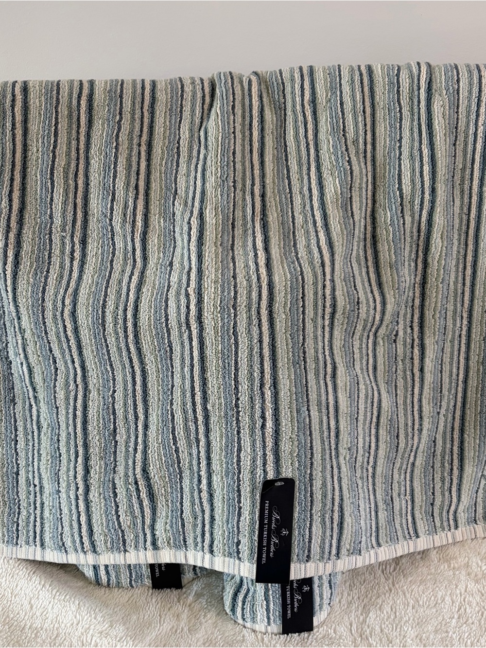 NWT Brooks Brothers Premium Turkish Aqua Green Striped Bath Towels Set of 3 - Picture 2 of 6